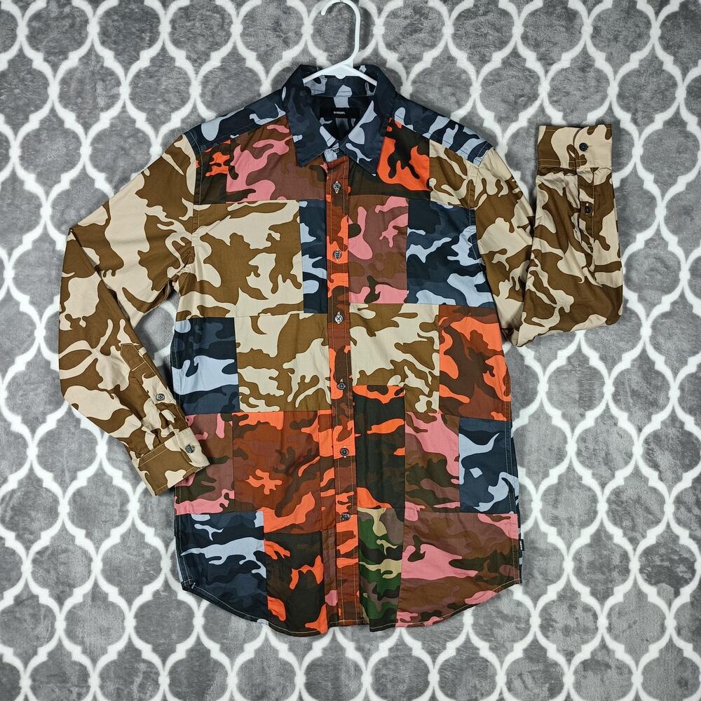 Diesel Shirt Mens Small Camo Patchwork Button Up Long Sleeve Avant Garde - Picture 2 of 12
